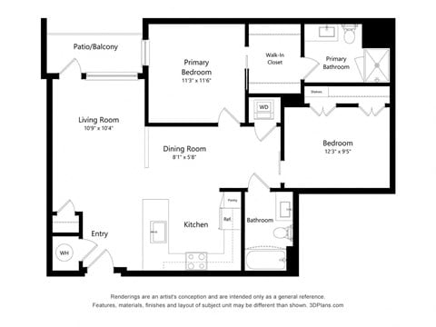 Floor plan for 2 beds, 2 baths, 1000 sqft
